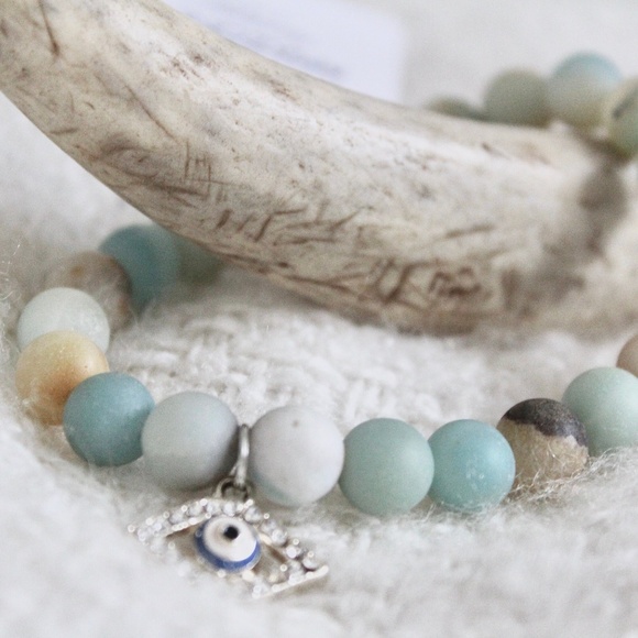 Evil Eye Charm Amazonite Frosted Gemstone Chakra Balancing Stretchy Energy Brace - Picture 1 of 3